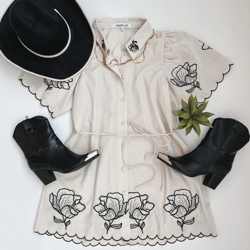 Linen Dress with Black Floral Embroidery